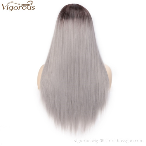 Vigorous Ombre Gray Long Silky Straight Middle Part Wigs Middle Part Synthetic Wig Heat Resistant Fiber Wig For Women